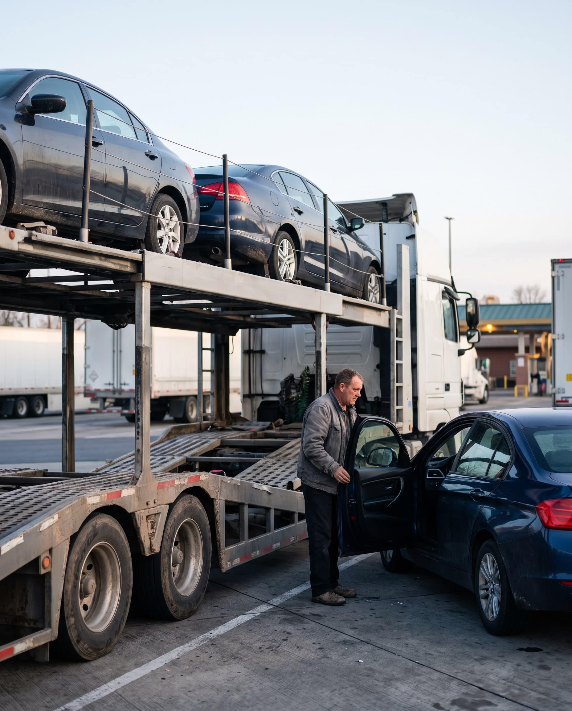 A sedan being driven up the ramp of an open car carrier in early morning light