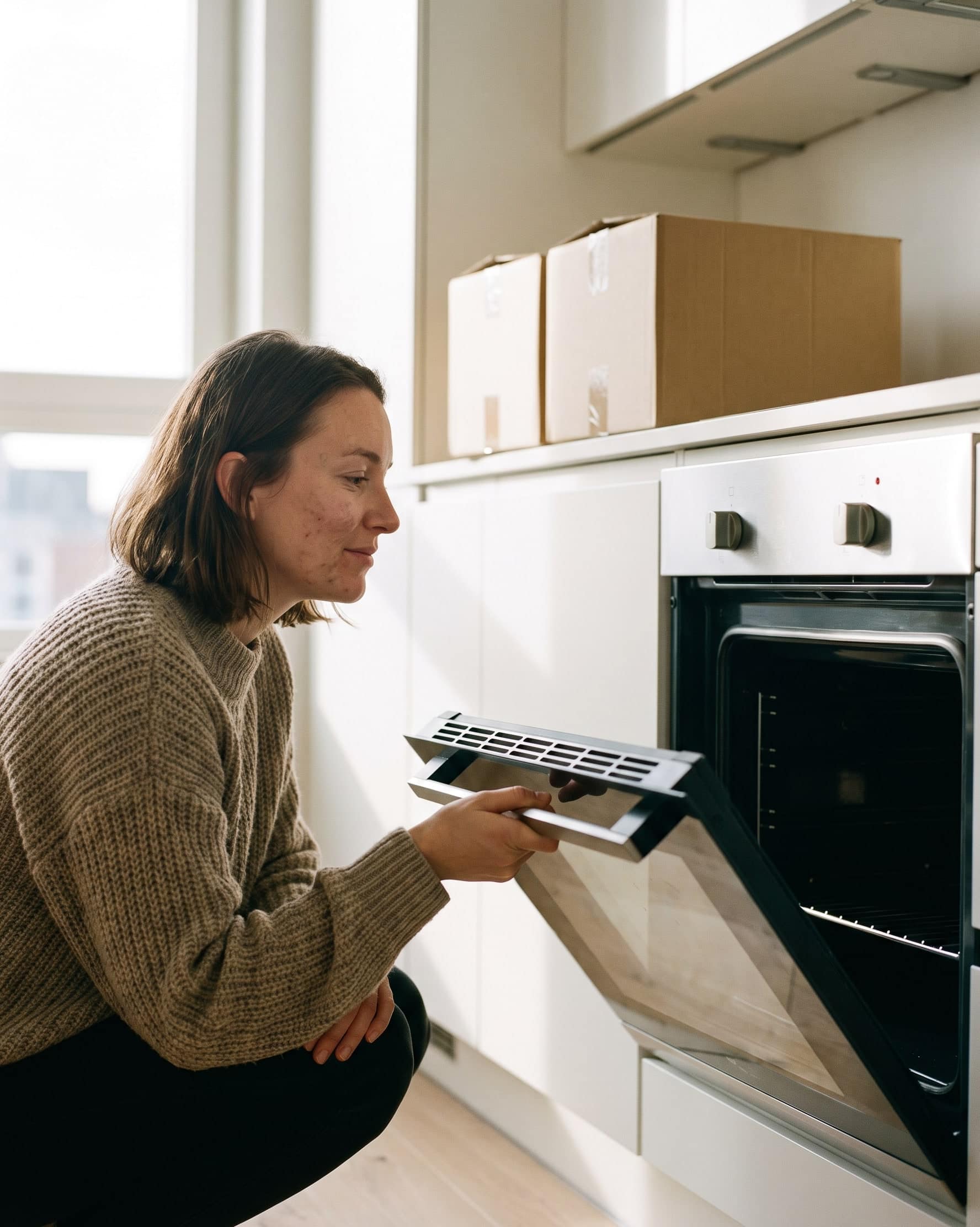 A man opening the oven door in the kitchen of a newly moved-into home