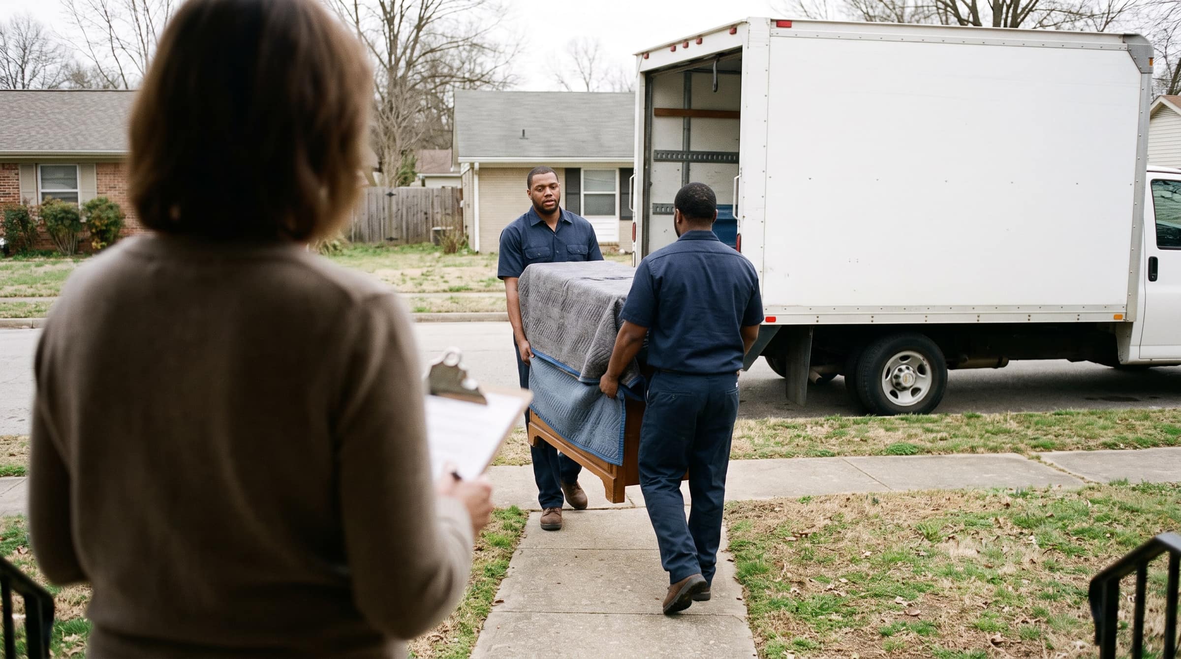 Movers carrying a wrapped dresser to a truck while the homeowner checks an inventory sheet