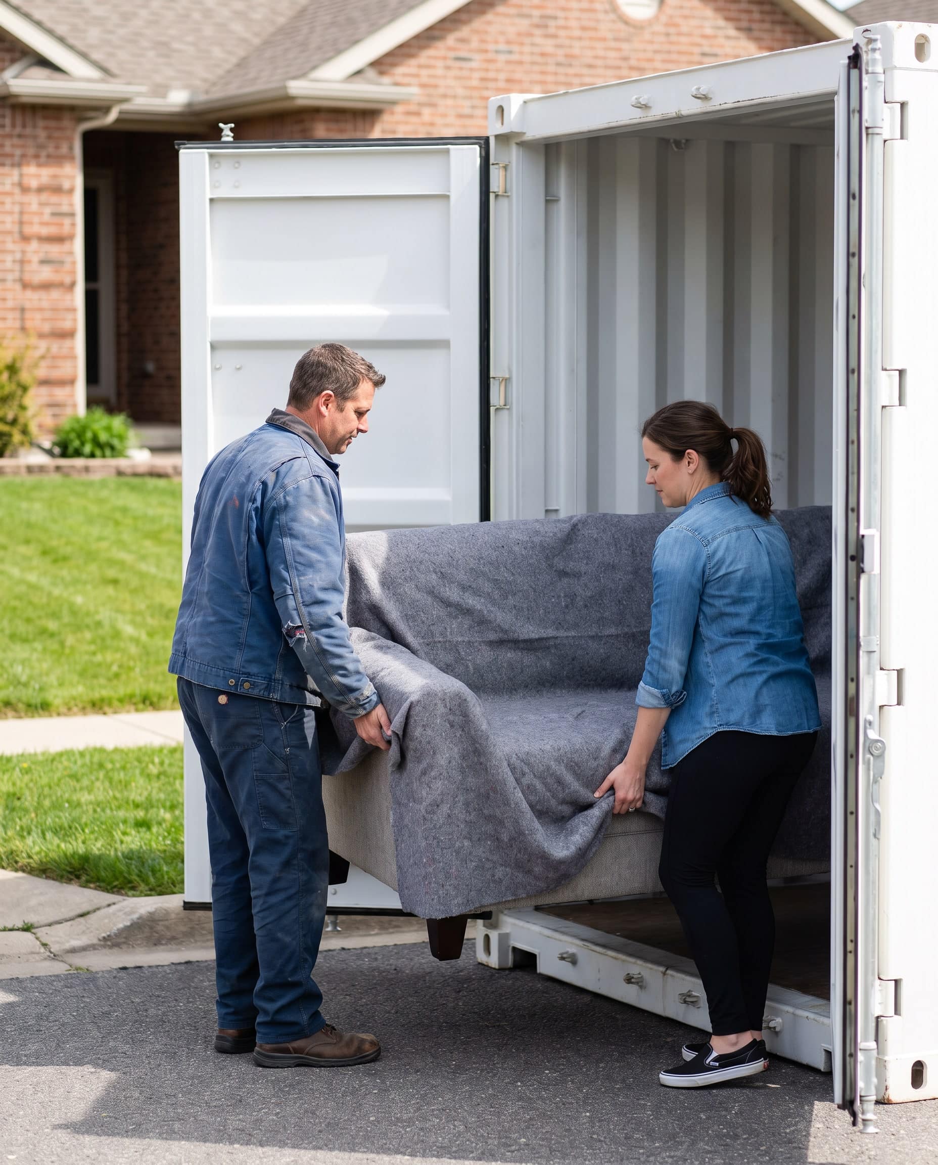 Two people loading a blanket-wrapped sofa into a plain moving container on a driveway