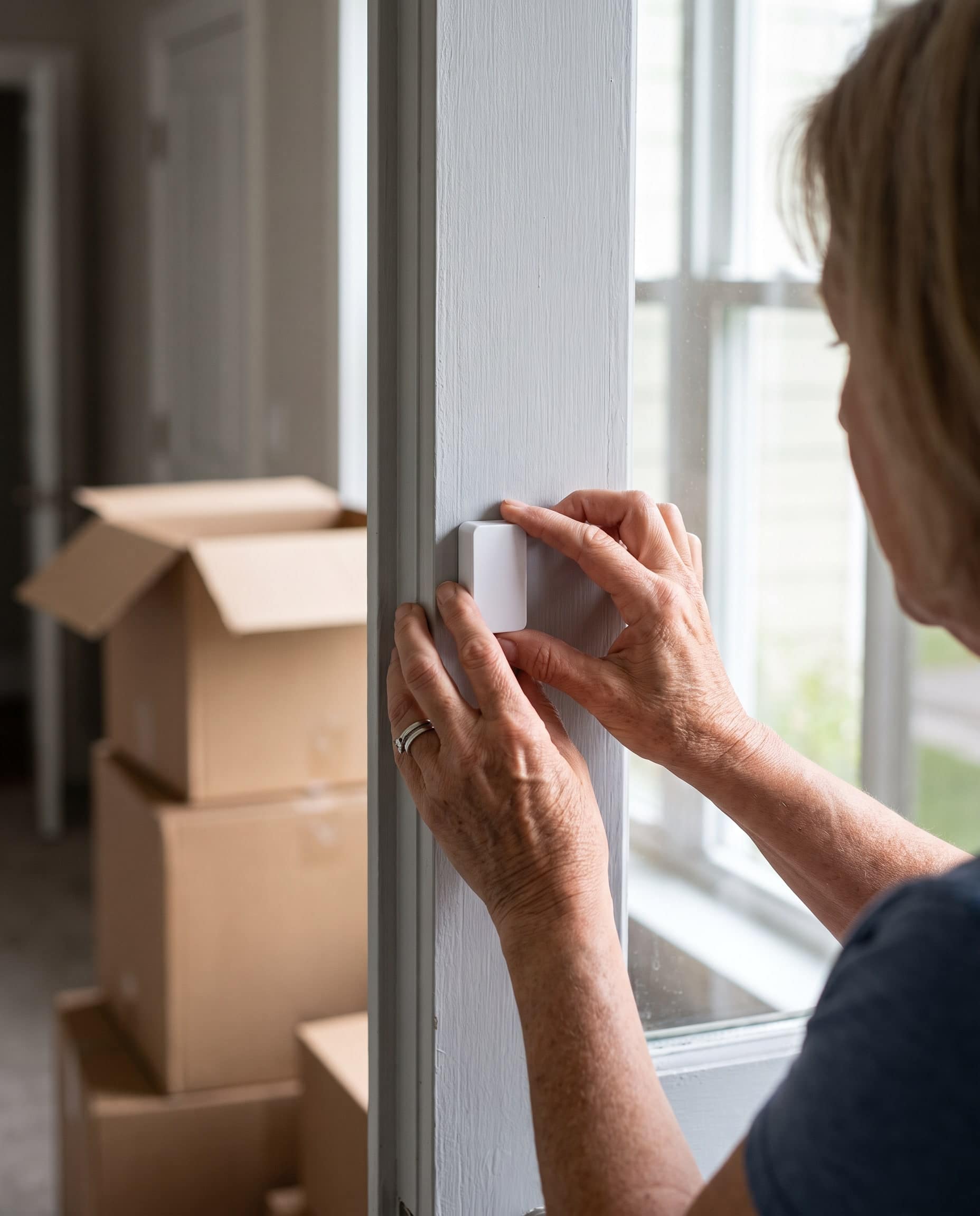 Hands fitting a small door sensor to the frame of a new front door