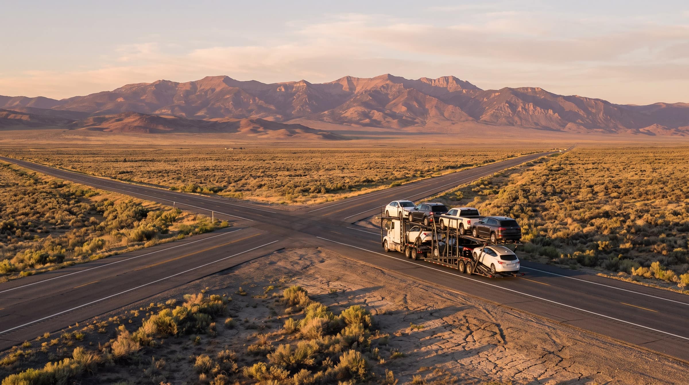 A loaded car carrier on a long desert highway at golden hour